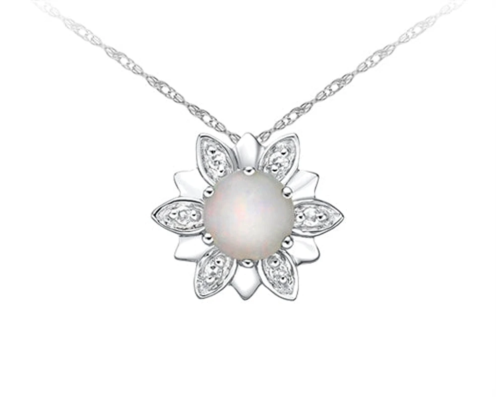 10K White Gold 5mm Round Cut White Opal and 0.03cttw Diamond Pendant
