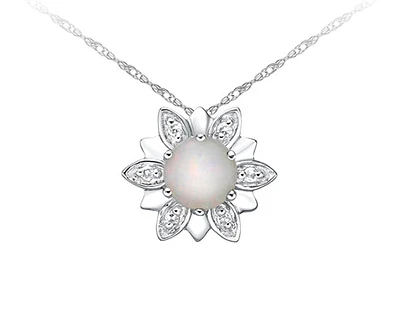 10K White Gold 5mm Round Cut White Opal and 0.03cttw Diamond Pendant
