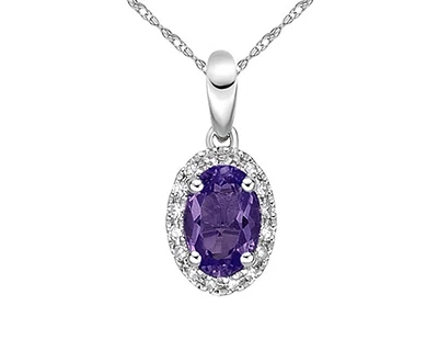 10K White Gold 6x4mm Oval Cut Amethyst & 0.06cttw Diamond Halo Pendant, 18"