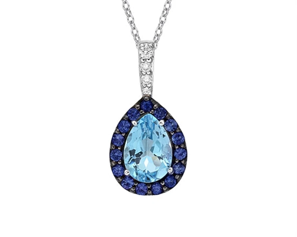 10K White Gold 7x5mm Pear Cut Sky Blue Topaz with Blue Sapphire Halo and 0.03cttw Diamond Necklace - 18 Inches