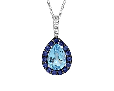 10K White Gold 7x5mm Pear Cut Sky Blue Topaz with Blue Sapphire Halo and 0.03cttw Diamond Necklace - 18 Inches