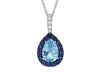10K White Gold 7x5mm Pear Cut Sky Blue Topaz with Blue Sapphire Halo and 0.03cttw Diamond Necklace - 18 Inches