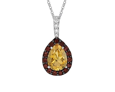 10K White Gold Citrine, Garnet & Diamond Pendant, 18"