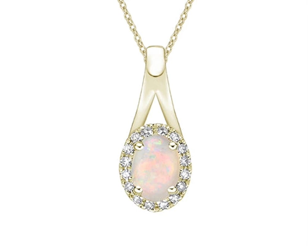 10K Yellow Gold 7x5mm Oval Cut White Opal and 0.08cttw Diamond Halo Pendant - 18 Inches