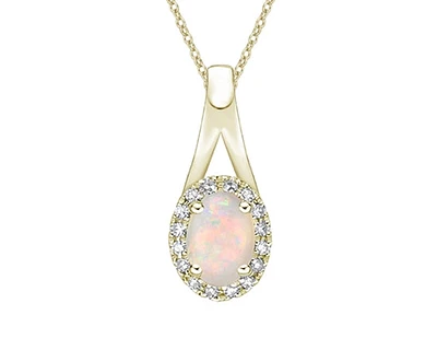 10K Yellow Gold 7x5mm Oval Cut White Opal and 0.08cttw Diamond Halo Pendant - 18 Inches