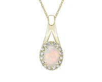 10K Yellow Gold 7x5mm Oval Cut White Opal and 0.08cttw Diamond Halo Pendant - 18 Inches
