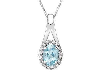 10K White Gold 7x5mm Oval Cut Aquamarine and 0.08cttw Diamond Pendant - 18"
