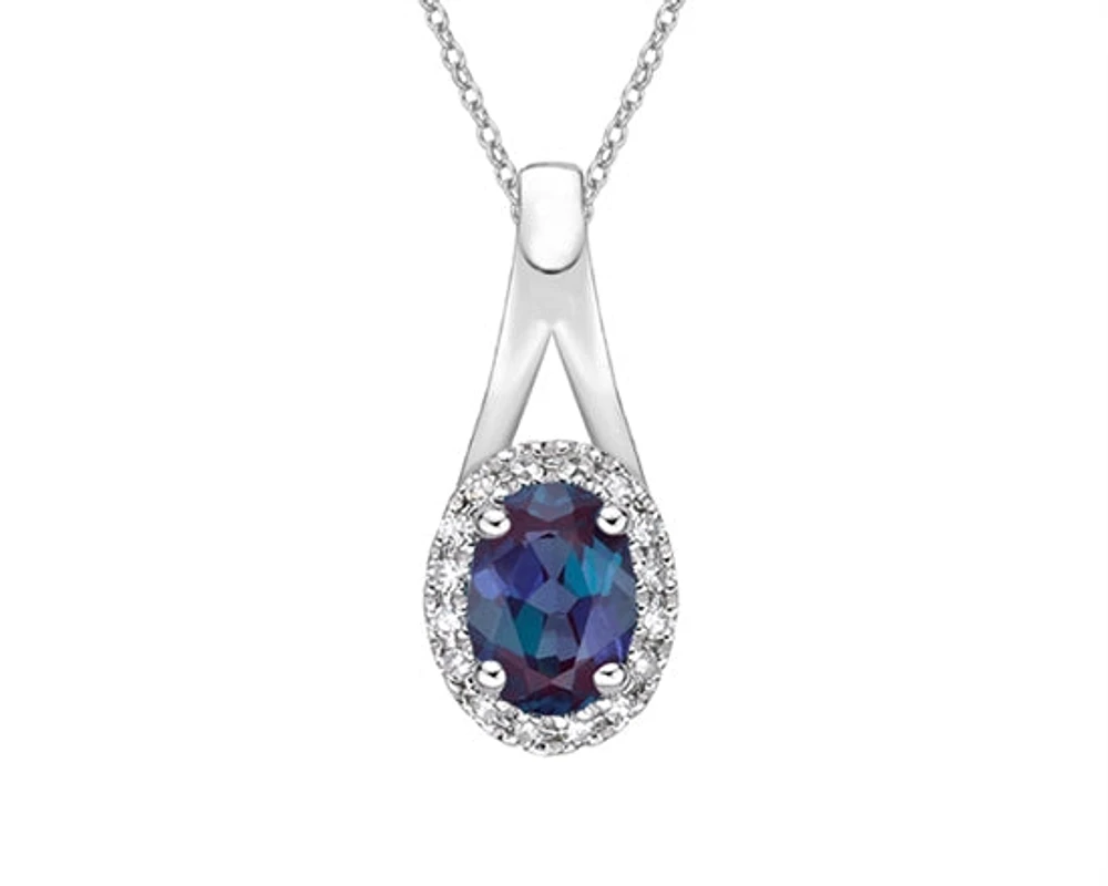 10K White Gold 7x5mm Oval Cut Created Alexandrite and 0.08cttw Diamond Halo Necklace - 18 Inches