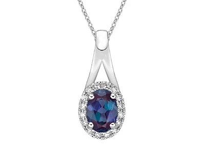 10K White Gold 7x5mm Oval Cut Created Alexandrite and 0.08cttw Diamond Halo Necklace - 18 Inches