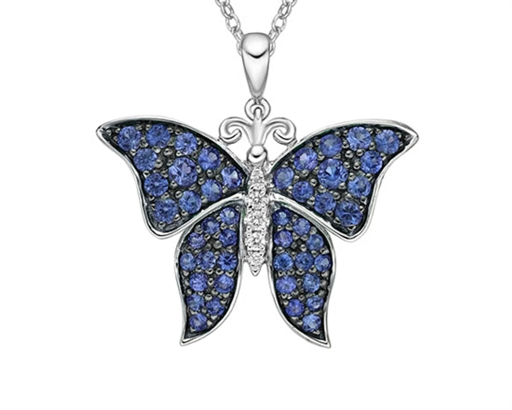 10K White Gold 1.25-2.10mm Round Cut Sapphire and 0.031cttw Diamond Butterfly Pendant - 18 inches