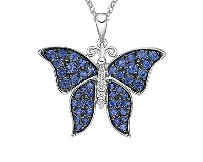 10K White Gold 1.25-2.10mm Round Cut Sapphire and 0.031cttw Diamond Butterfly Pendant - 18 inches