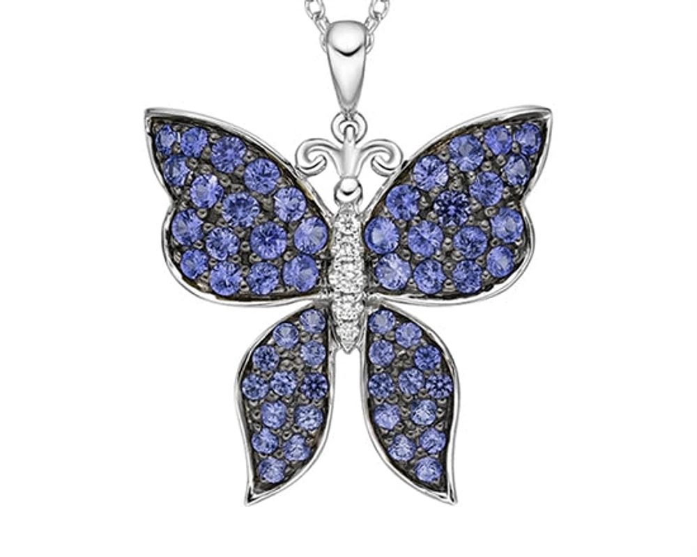 10K White Gold 1.25-2.10mm Round Cut Sapphire and 0.037cttw Diamond Butterfly Pendant