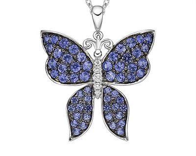 10K White Gold 1.25-2.10mm Round Cut Sapphire and 0.037cttw Diamond Butterfly Pendant