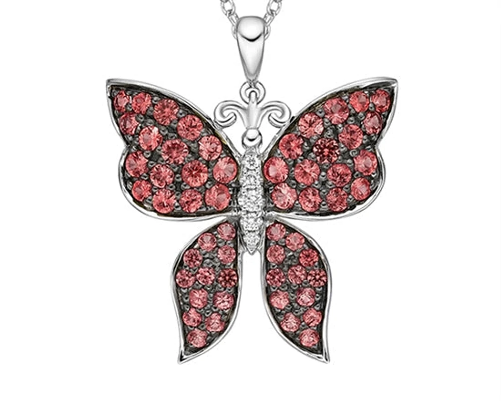 10K White Gold 1.25-2.10mm Round Cut Ruby and 0.037cttw Diamond Butterfly Pendant - 18 inches