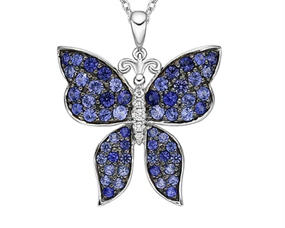 10K White Gold 1.25-2.10mm Round Cut Blue Sapphire Mix and 0.037cttw Diamond Butterfly Pendant - 18 inches