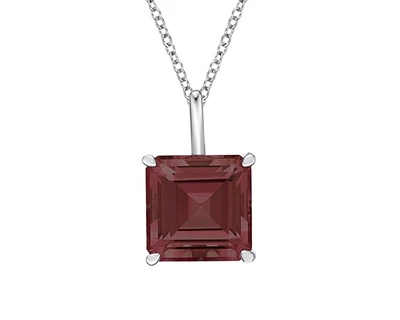 10K White Gold 8mm Emerald Cut Garnet Pendant - 18 inches