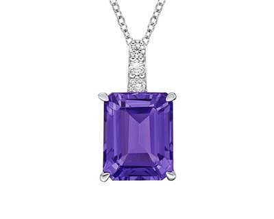 10K White Gold 1.80cttw Emerald Cut Amethyst and 0.055cttw Diamond Pendant, 18"