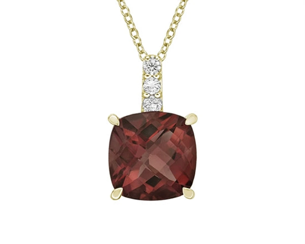 10K Yellow Gold 8mm Checkerboard Cushion Cut Garnet and 0.06cttw Diamond Pendant - 18 inches