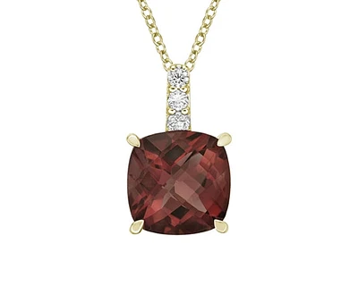 10K Yellow Gold 8mm Checkerboard Cushion Cut Garnet and 0.06cttw Diamond Pendant - 18 inches