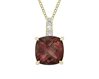 10K Yellow Gold 8mm Checkerboard Cushion Cut Garnet and 0.06cttw Diamond Pendant - 18 inches