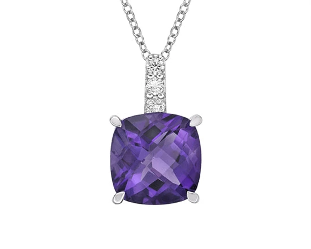 10K White Gold 2.00cttw Cushion Cut Amethyst and 0.06cttw Diamond Pendant, 18"