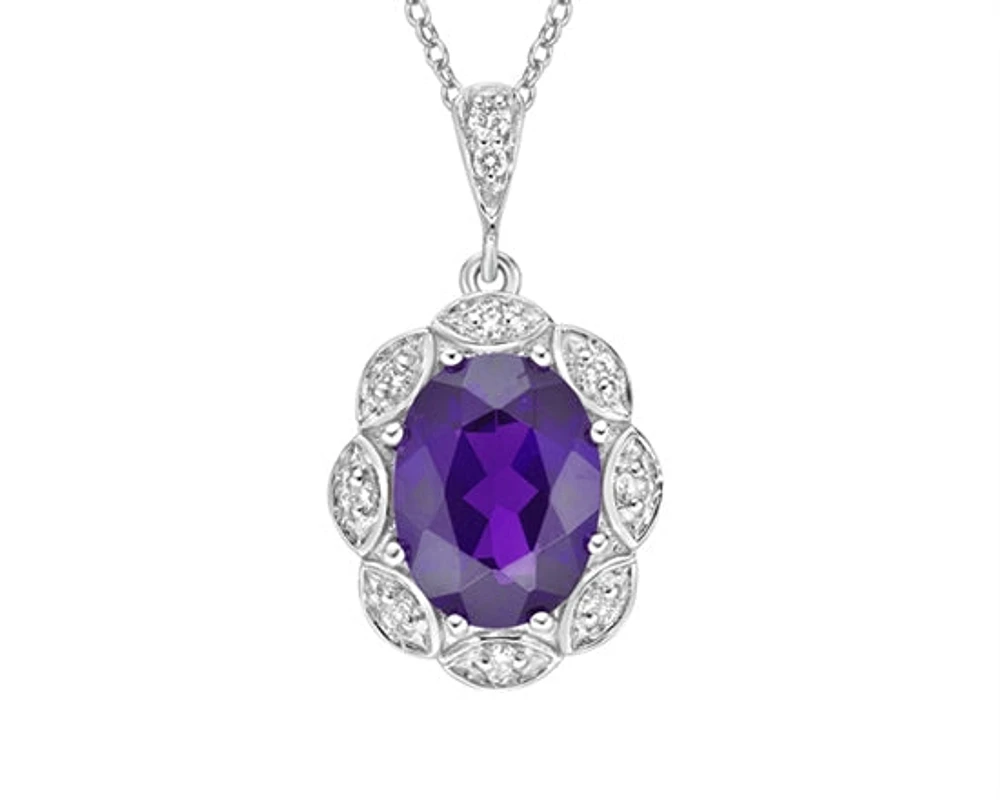 10K White Gold 1.15cttw Amethyst and 0.06cttw Diamond Halo Pendant, 18"
