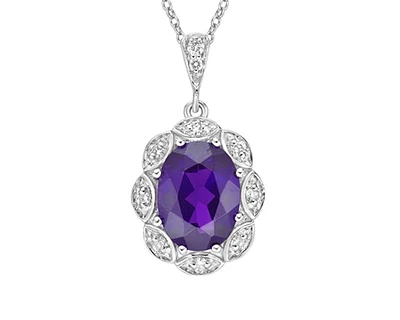 10K White Gold 1.15cttw Amethyst and 0.06cttw Diamond Halo Pendant, 18"