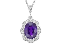 10K White Gold 1.15cttw Amethyst and 0.06cttw Diamond Halo Pendant, 18"
