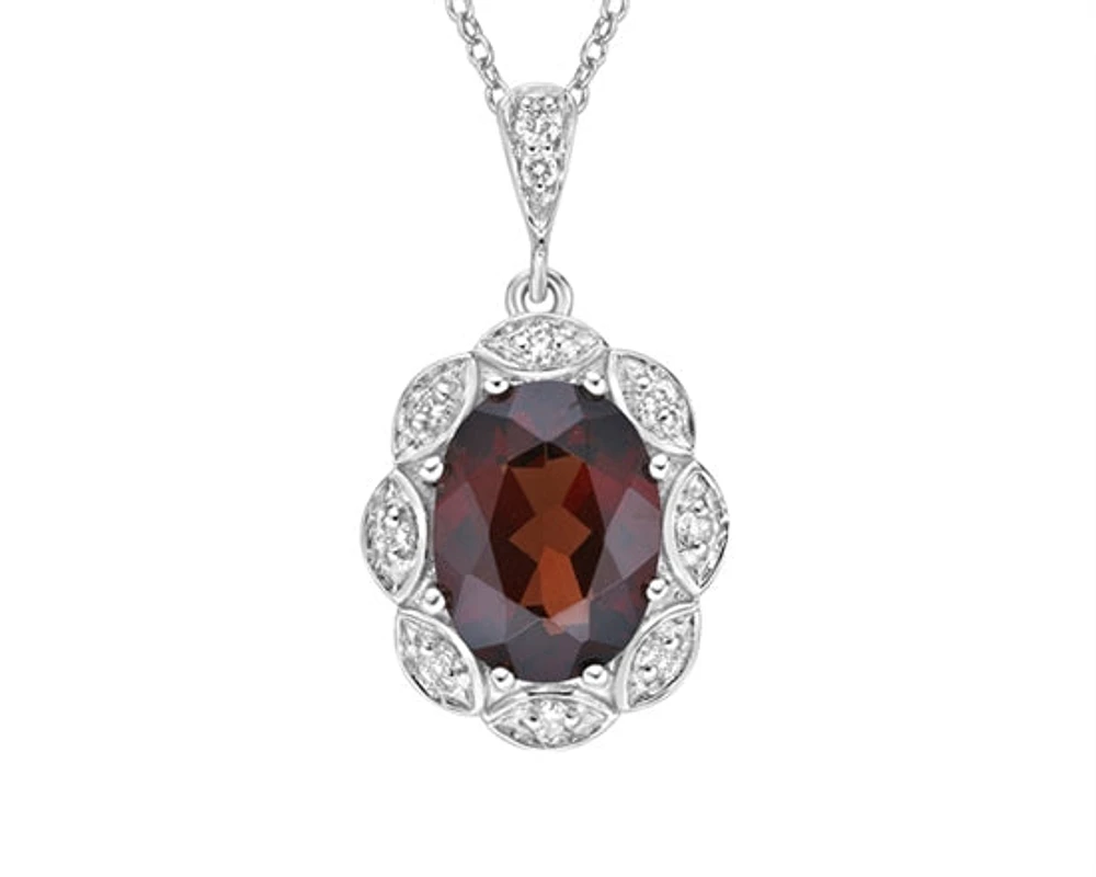 10K White Gold 8x6mm Oval Cut Garnet and 0.06cttw Diamond Scallop Halo Pendant - 18 inches