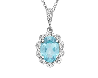 10K White Gold 8x6mm Oval Cut Swiss Blue Topaz and 0.054cttw Diamond Necklace - 18 Inches