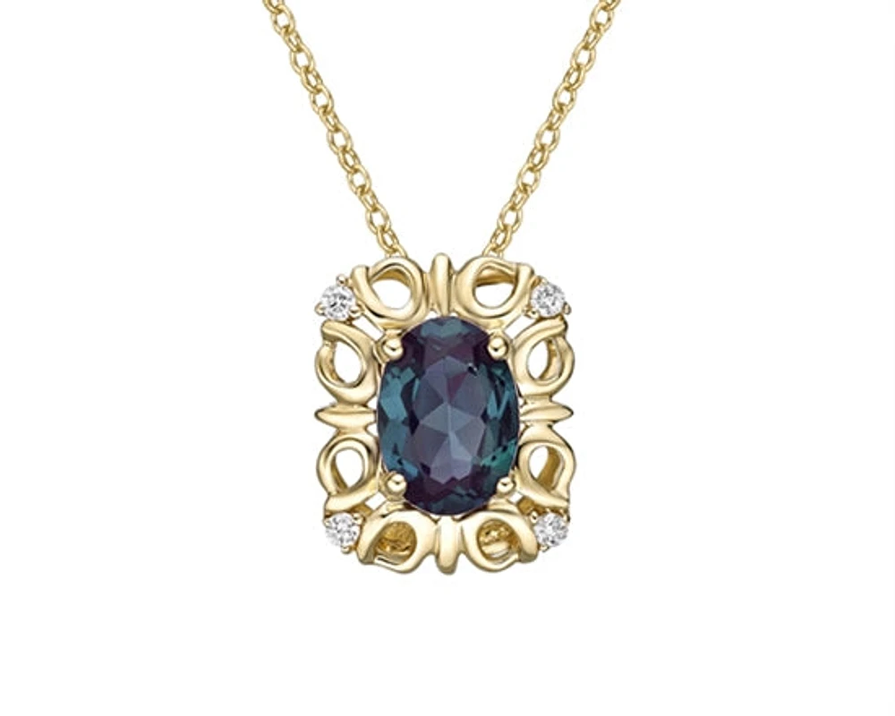 10K Yellow Gold 7x5mm Oval Cut Created Alexandrite and 0.03cttw Diamond Necklace - 18 Inches