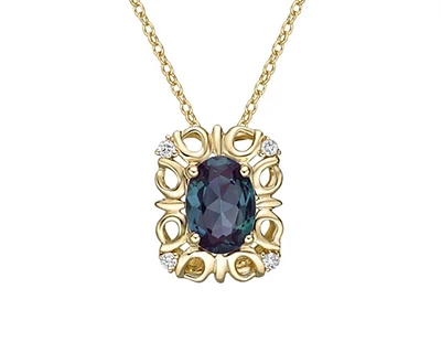 10K Yellow Gold 7x5mm Oval Cut Created Alexandrite and 0.03cttw Diamond Necklace - 18 Inches