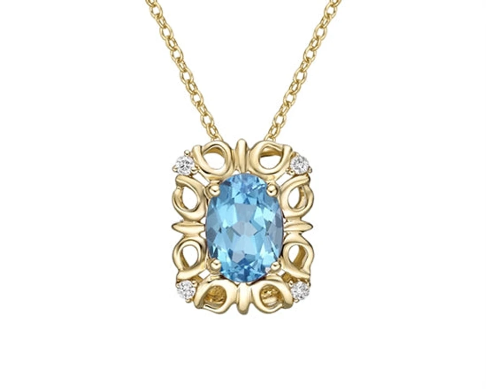 10K Yellow Gold 7x5mm Oval Cut Swiss Blue Topaz and 0.03cttw Diamond Necklace - 18 Inches
