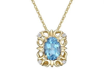 10K Yellow Gold 7x5mm Oval Cut Swiss Blue Topaz and 0.03cttw Diamond Necklace - 18 Inches