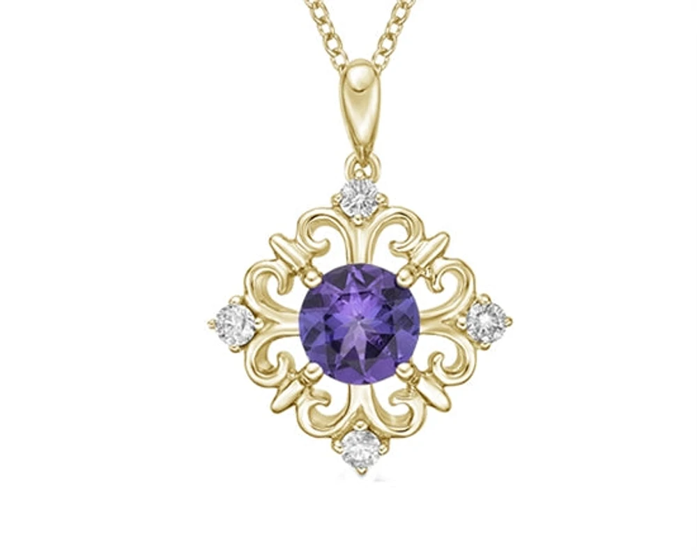 10K Yellow Gold 5mm Amethyst & 0.09cttw Diamond Pendant, 18"