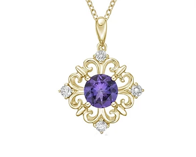 10K Yellow Gold 5mm Amethyst & 0.09cttw Diamond Pendant, 18"