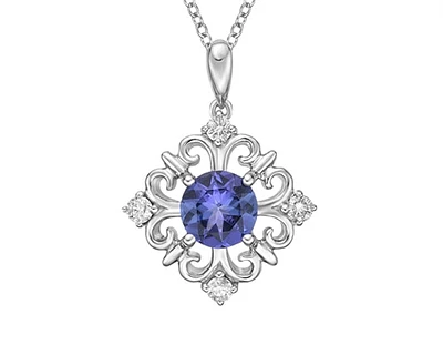 10K Gold 5mm Round Cut Created Alexandrite and 0.09cttw Diamond Necklace