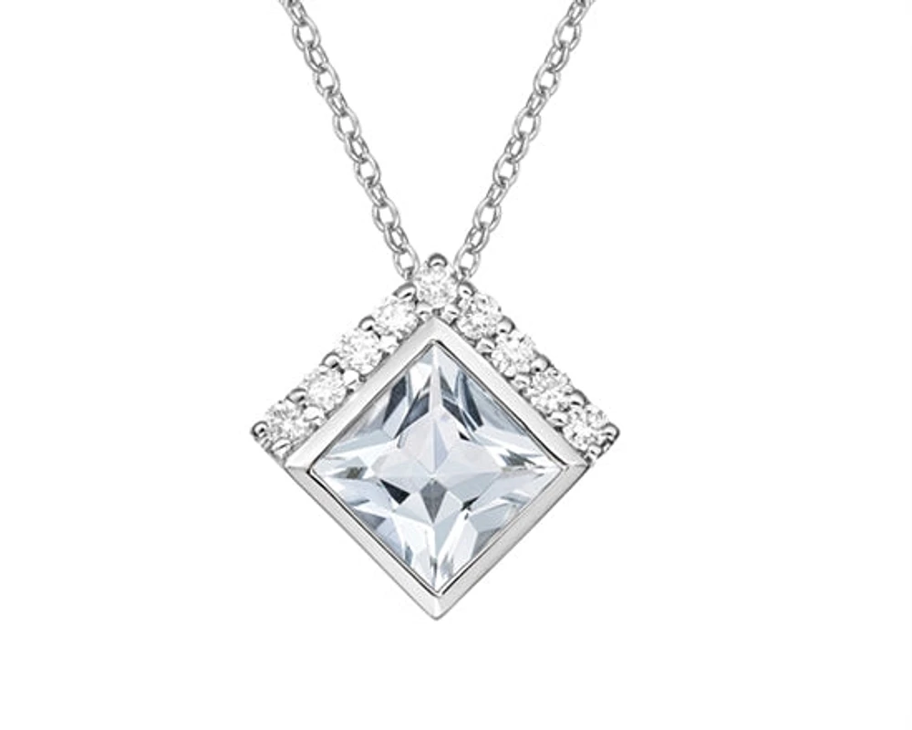10K White Gold 6.0mm Princess Cut Aquamarine & 0.14cttw Diamond Pendant - 18"