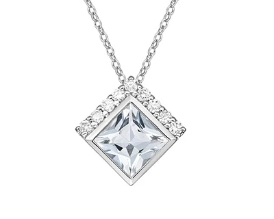 10K White Gold 6.0mm Princess Cut Aquamarine & 0.14cttw Diamond Pendant - 18"