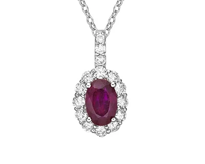 14K White Gold 6x4mm Oval Cut Ruby and 0.265cttw Diamond Halo Pendant  - 18 Inches