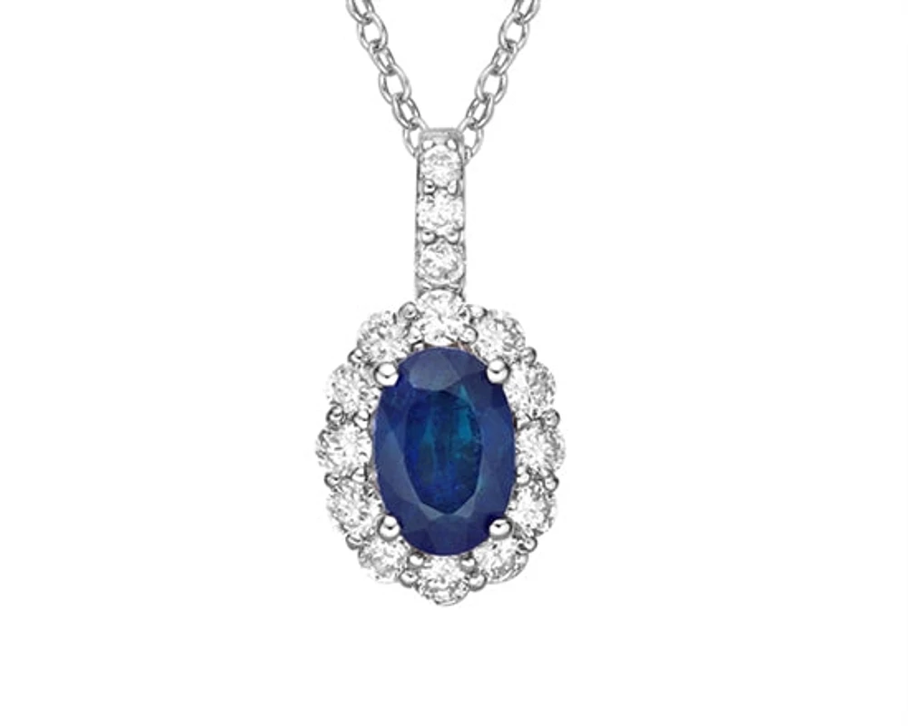 14K White Gold 6x4mm Oval Cut Sapphire and 0.265cttw Diamond Halo Pendant - 18 inches