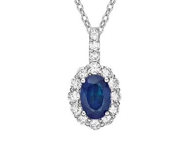 14K White Gold 6x4mm Oval Cut Sapphire and 0.265cttw Diamond Halo Pendant - 18 inches