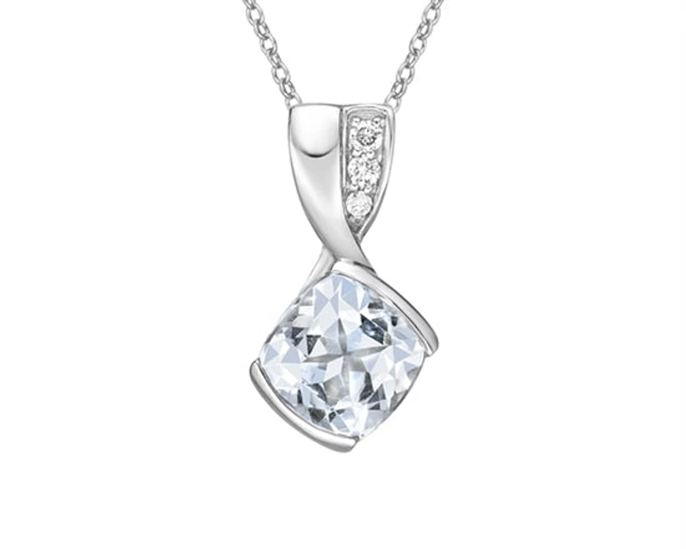10K White Gold 7.0mm Cushion Cut Aquamarine & 0.041cttw Diamond Pendant - 18"