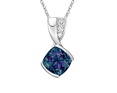 10K Gold 7mm Cushion Cut Created Alexandrite and 0.038cttw Diamond Necklace