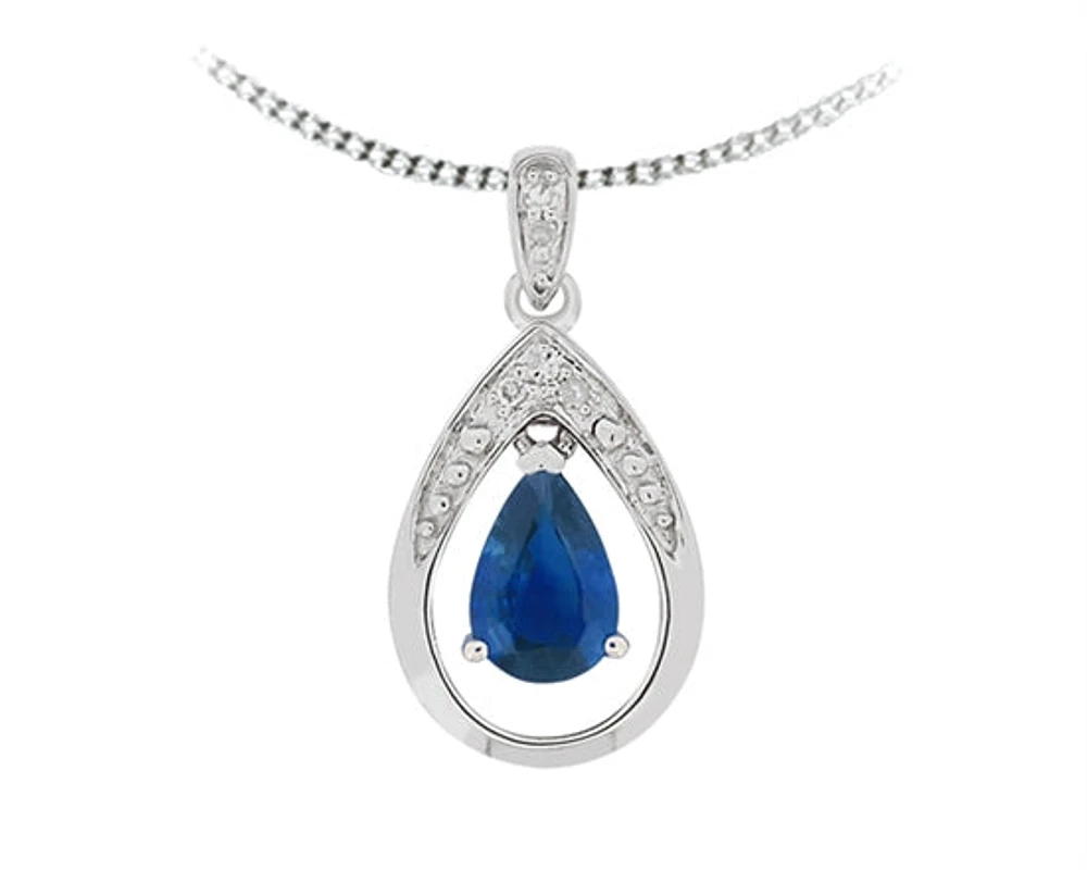 10K White Gold 6x4mm Pear Cut Sapphire and 0.025cttw Diamond Pendant - 18 inches