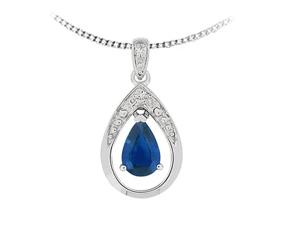 10K White Gold 6x4mm Pear Cut Sapphire and 0.025cttw Diamond Pendant - 18 inches