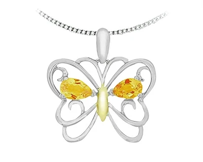 10K White & Yellow Gold 5x3mm Pear Cut Citrine Butterfly Pendant - 18 inches