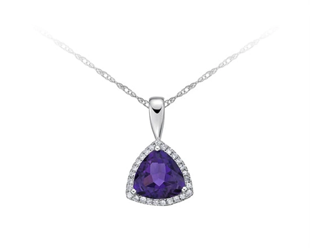 10K White Gold 1.62cttw Trillion Cut Amethyst & 0.135cttw Diamond Halo Pendant, 18"