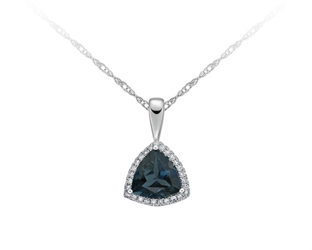 10K White Gold 8mm Trillion Cut London Blue Topaz and 0.13cttw Diamond Halo Necklace, 18"