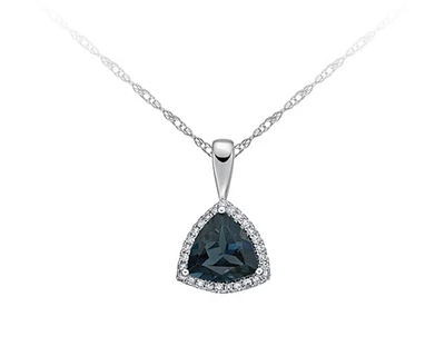 10K White Gold 8mm Trillion Cut London Blue Topaz and 0.13cttw Diamond Halo Necklace, 18"